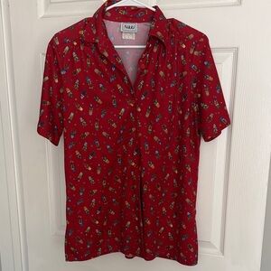 Nikki Red Short-Sleeve Button-Up Blouse with Plant Print